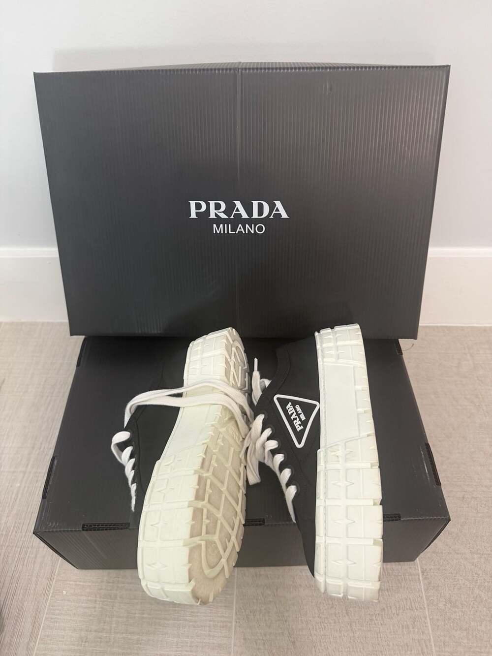 Prada Double Wheel Nylon Gabardine Low-Top Sneakers Black White - Picture 6 of 14